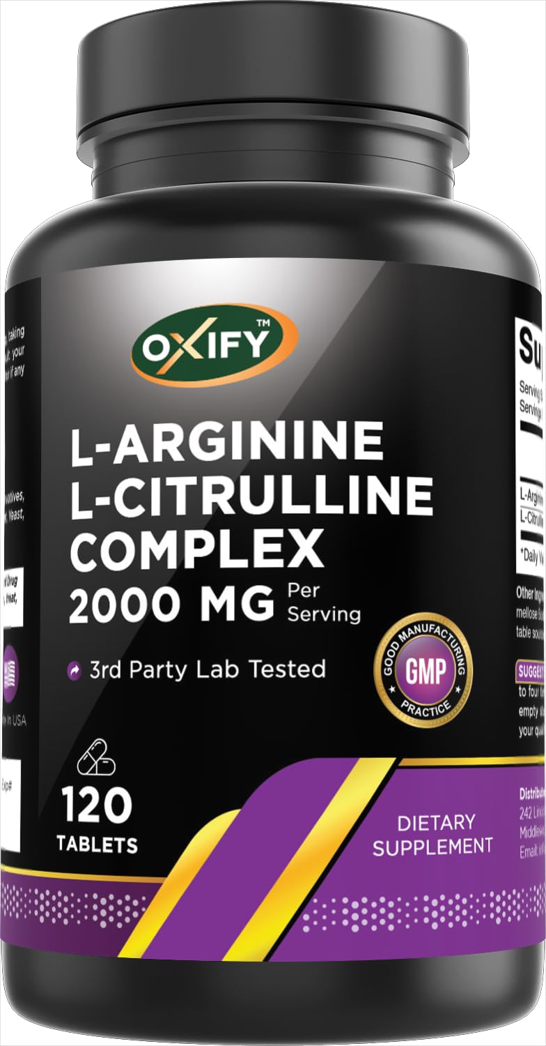Oxify L-Arginine L-Citrulline Complex bottle label and tablets (front view)