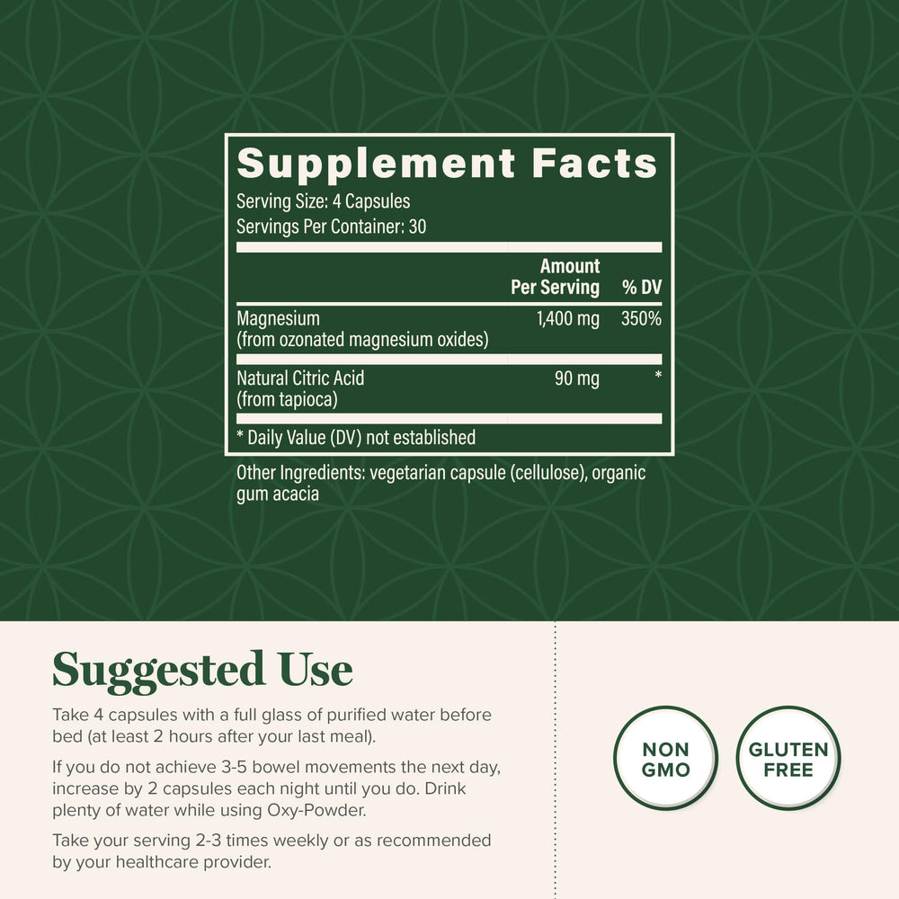 Bottle label showing 120 capsules of Oxy-Powder