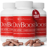 Front label of OxyBoost Nitric Oxide supplement bottle
