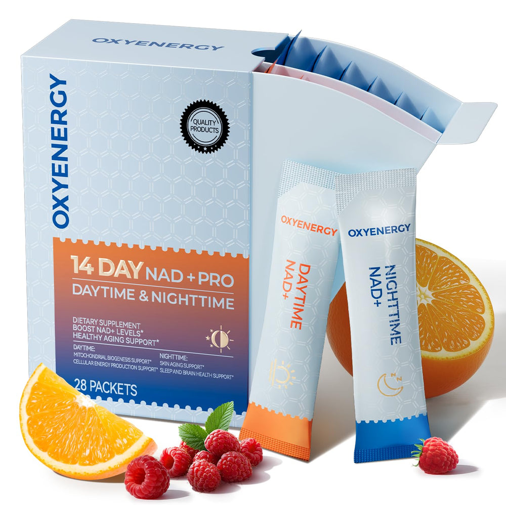 OxyEnergy packaging with 28 NR+L-Tryptophan sticks