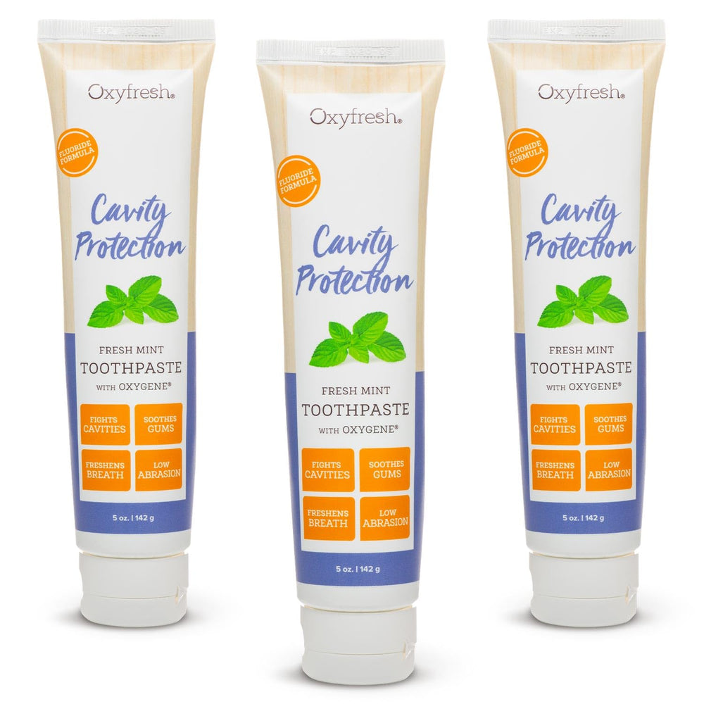 Front view of Oxyfresh Cavity Protection toothpaste with Fresh Mint flavor, 5 oz, pack of 3