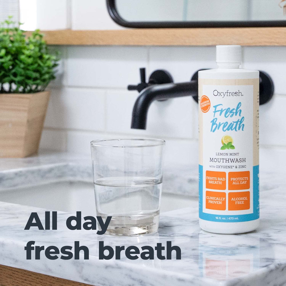 Close-up of the product label on the mouthwash bottle