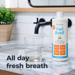 Close-up of the product label on the mouthwash bottle