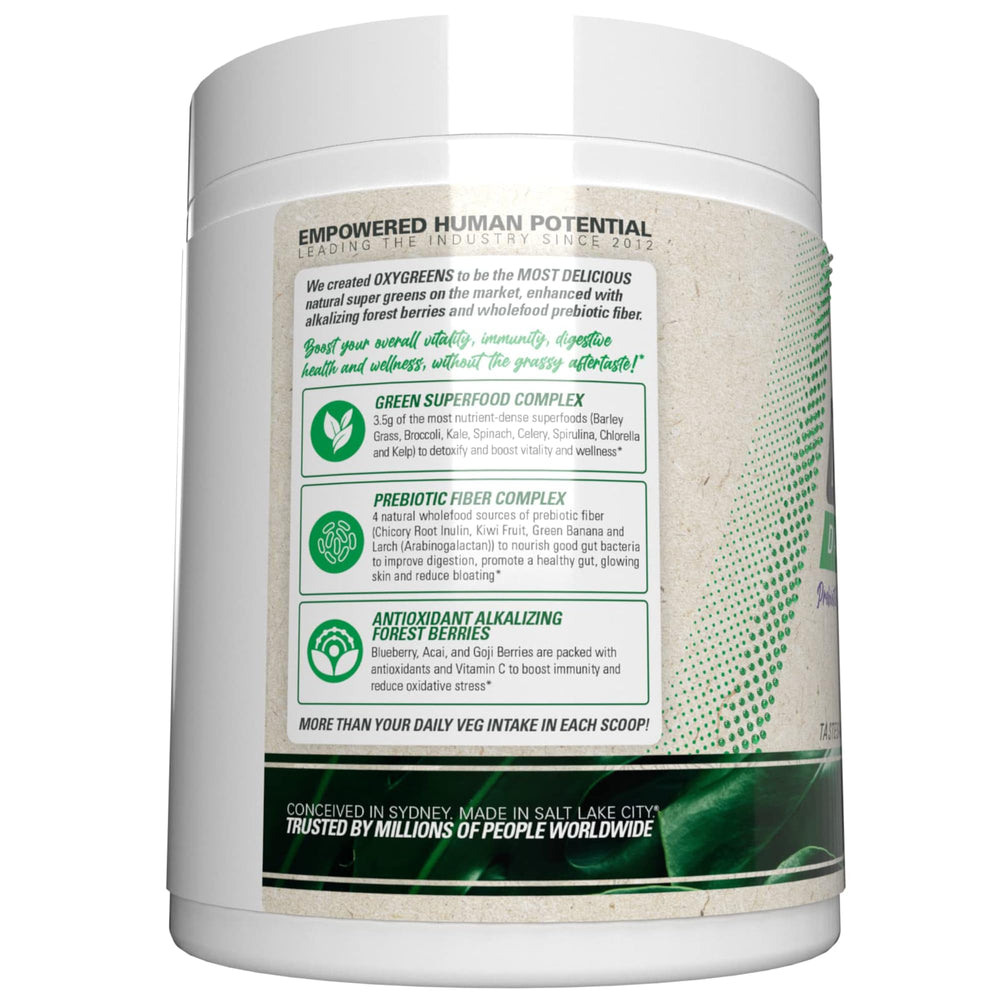 OxyGreens 30 servings container with scoop