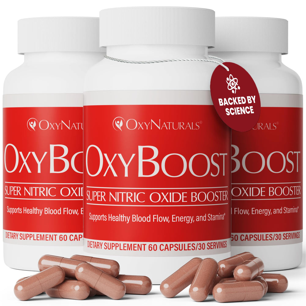 OxyNaturals OxyBoost bottle front showing triple-pack for sustained energy