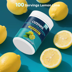 OZENKE electrolytes powder dissolving in a glass of water with vibrant lemon-lime taste.