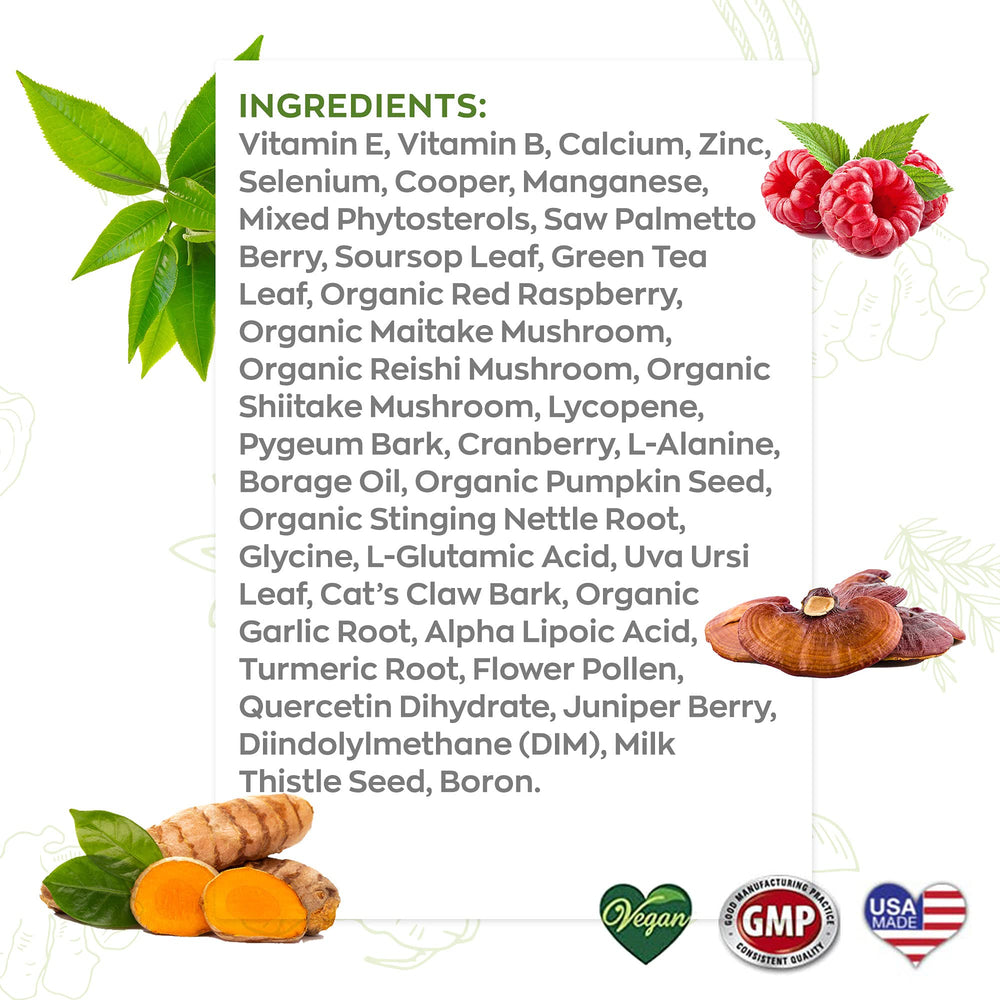 Close-up of P-ExoShield ingredients including Saw Palmetto, Soursop, and Pumpkin Seed