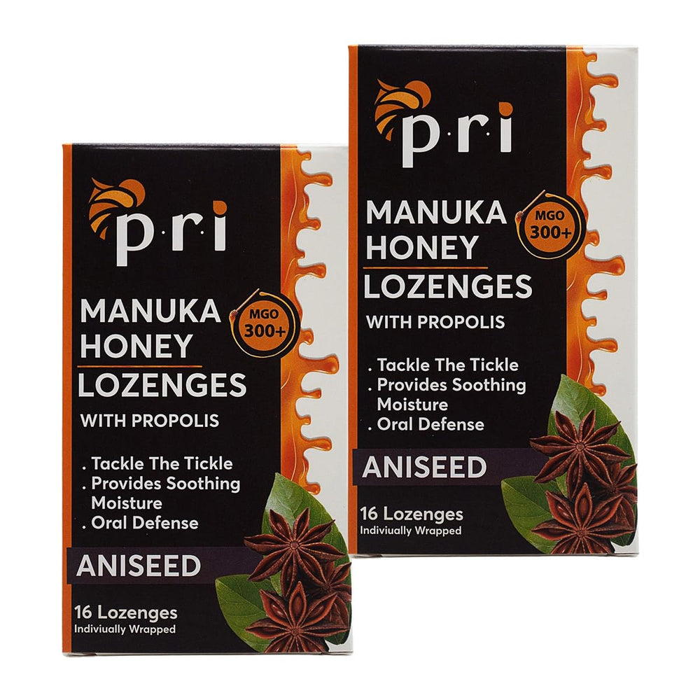 Front view of P.R.I Manuka Honey Lozenges with Propolis box