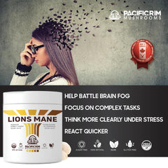 4.4-ounce jar of Lions Mane powder with label and scoop