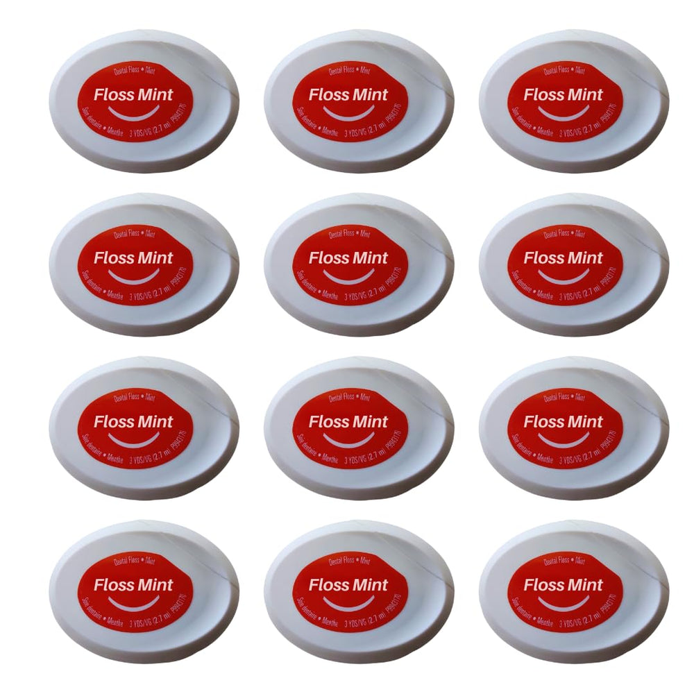 Pack of 12 travel size mint dental floss in a compact pocket case