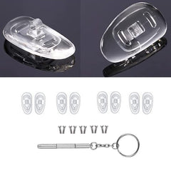 Packaging showing nose pads, screws, and screwdriver
