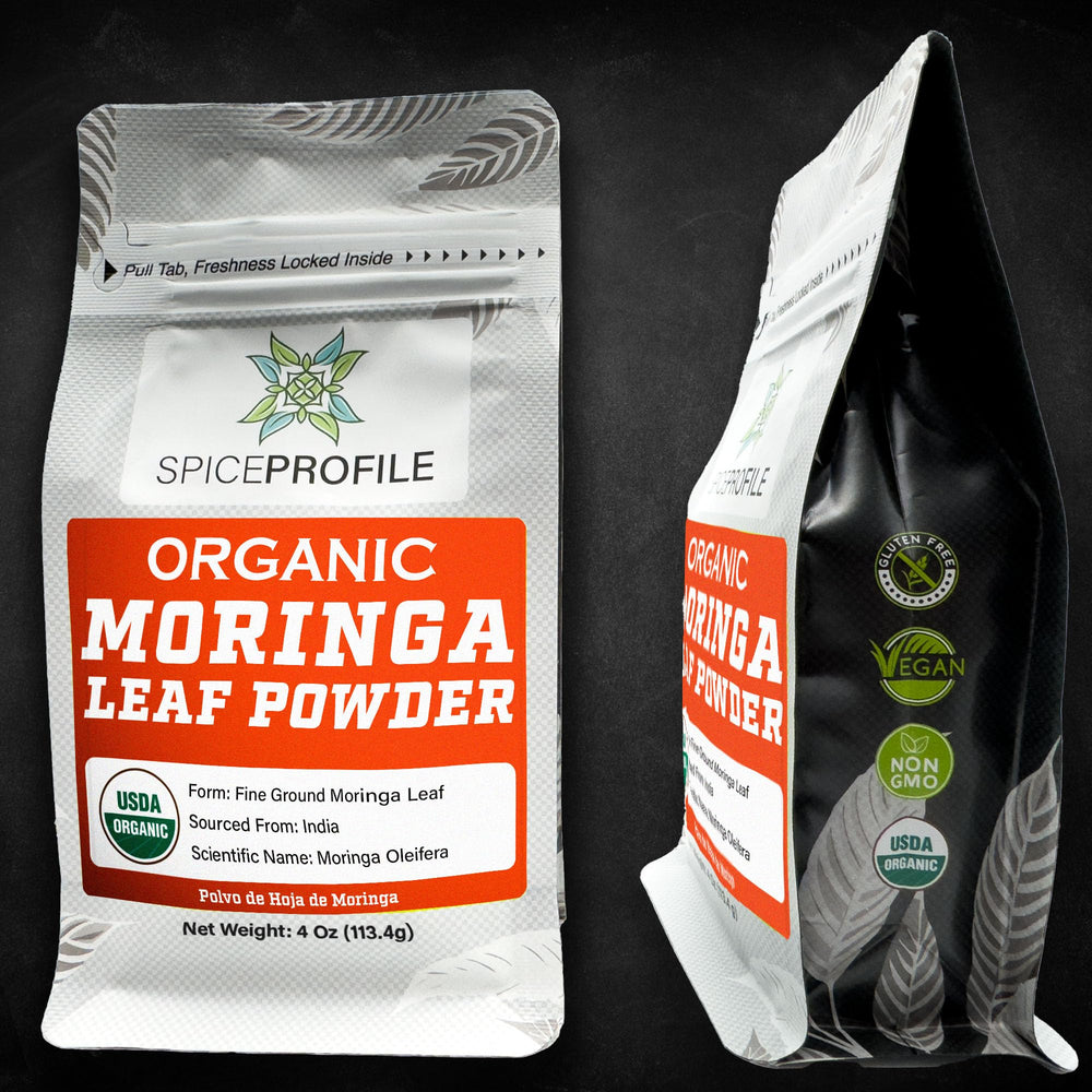 Packaged moringa powder product setup on table