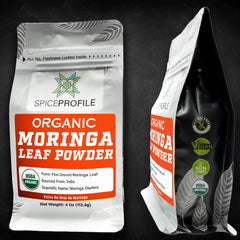 Packaged moringa powder product setup on table