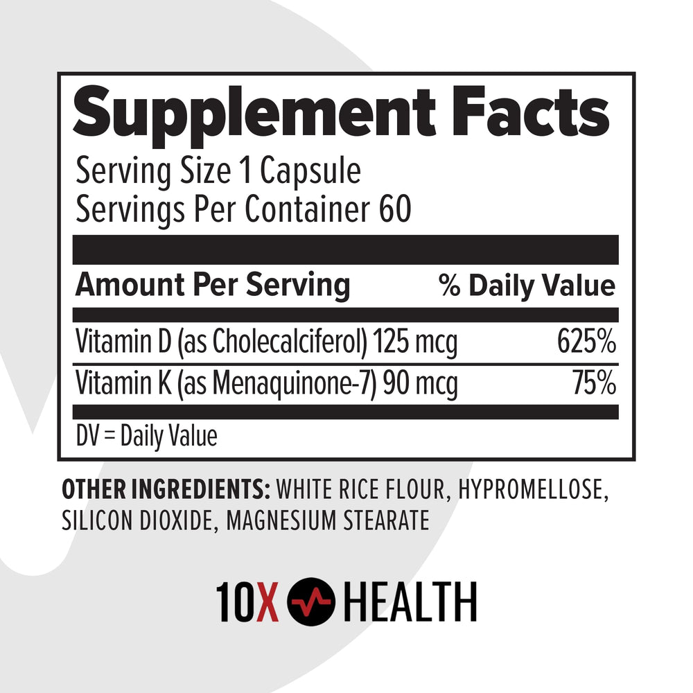 Box and bottle packaging for 10X Health D3 K2 supplement