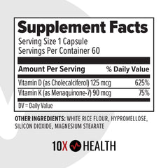 Box and bottle packaging for 10X Health D3 K2 supplement