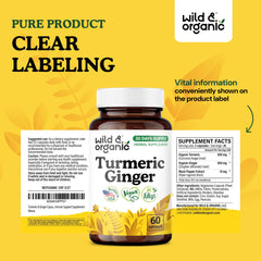 Packaging front of Wild & Organic turmeric and ginger supplement