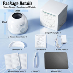 Retail packaging displaying included items and warranty