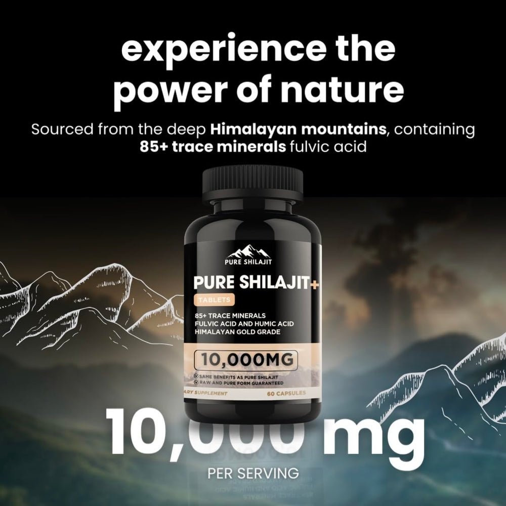 Box and bottle of Pure Shilajit capsules on a white surface