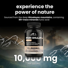 Box and bottle of Pure Shilajit capsules on a white surface