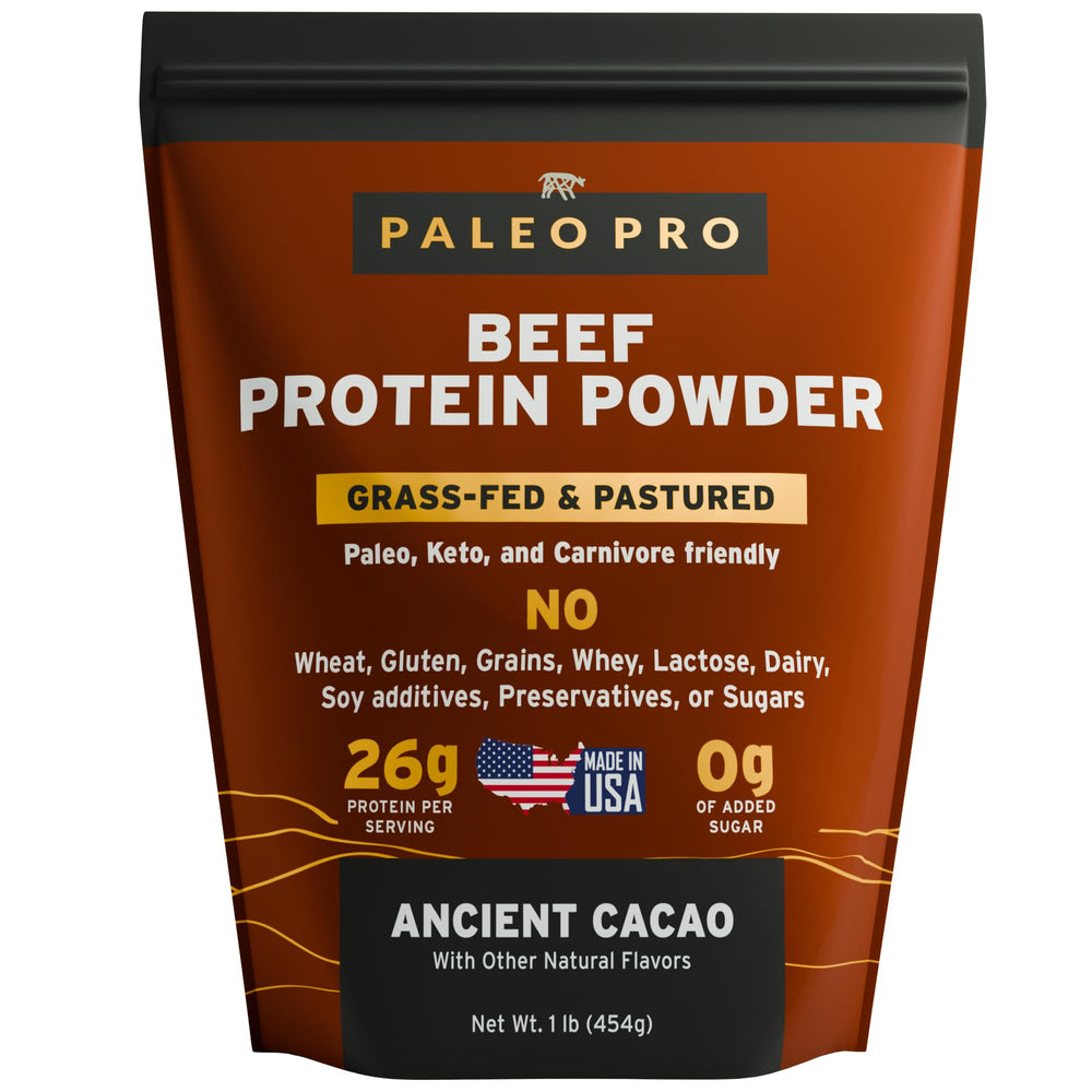 Paleo Pro Beef Protein Powder cacao flavor container front label