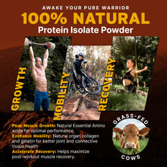Serving scoop of Paleo Pro Beef Protein Powder cacao over a glass