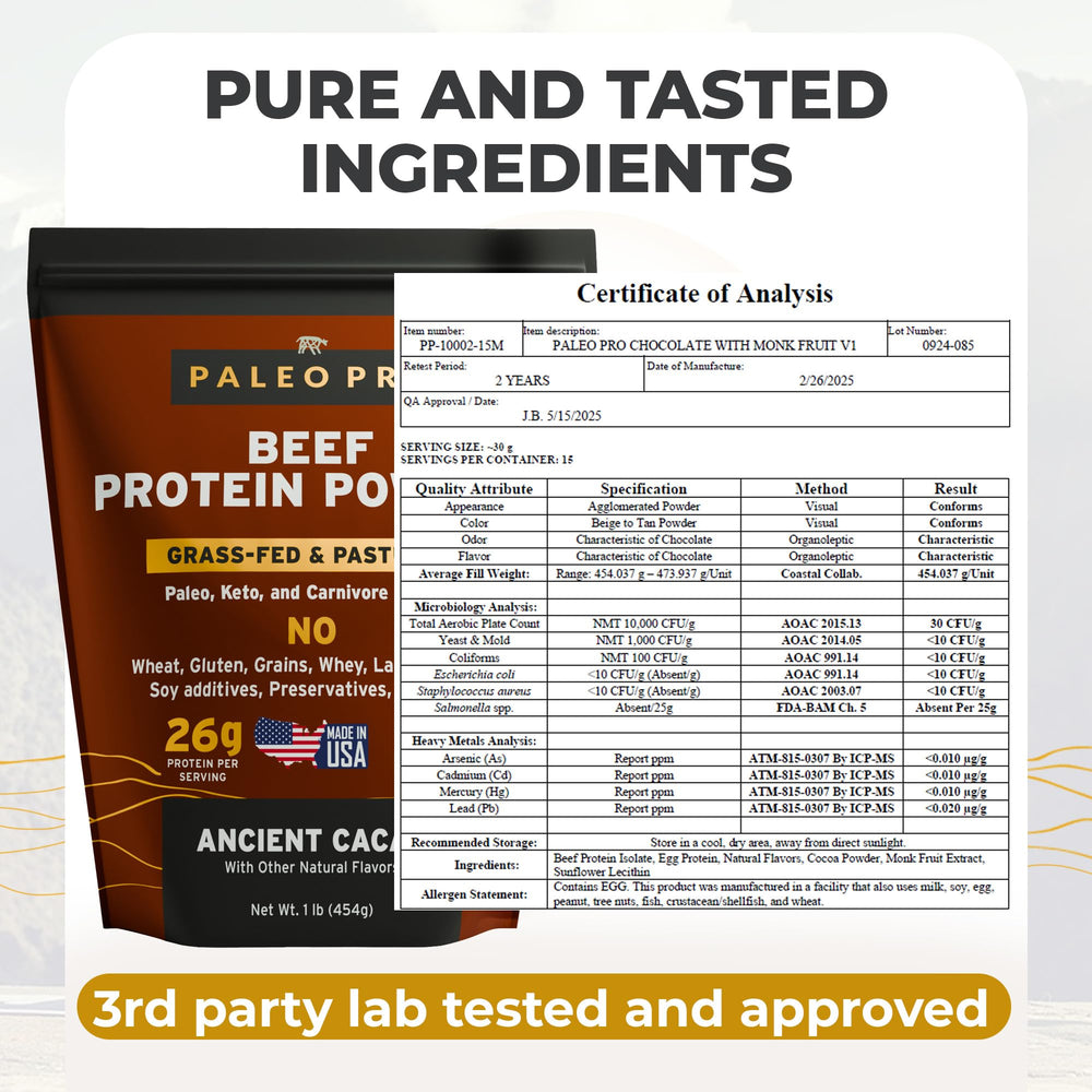 15-day supply packaging for Paleo Pro Beef Protein Powder cacao flavor