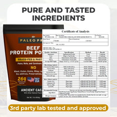 15-day supply packaging for Paleo Pro Beef Protein Powder cacao flavor