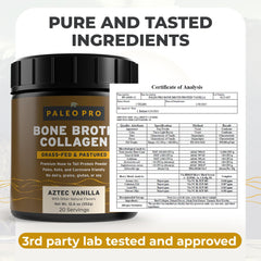Scoop of Aztec Vanilla collagen powder next to tub