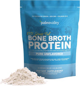 Paleovalley grass-fed beef bone broth protein powder pouch with scoop