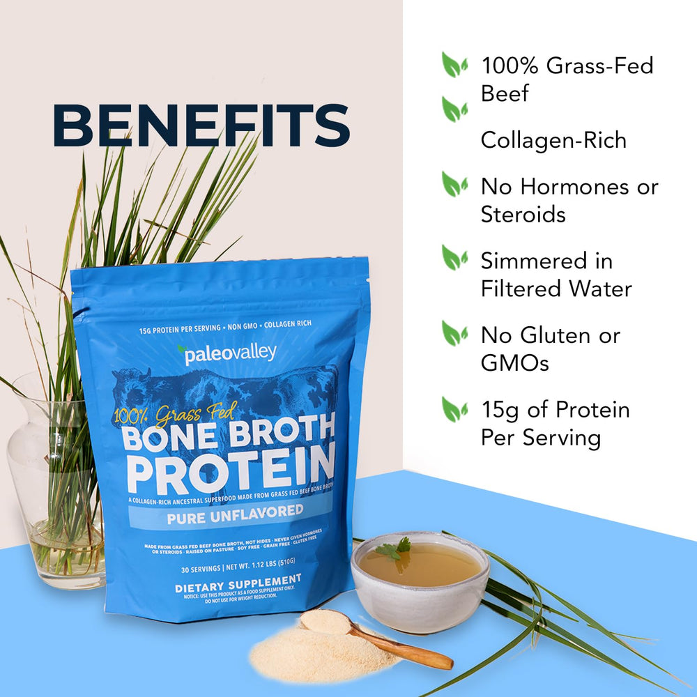 Close-up of bone broth protein powder ingredients and texture