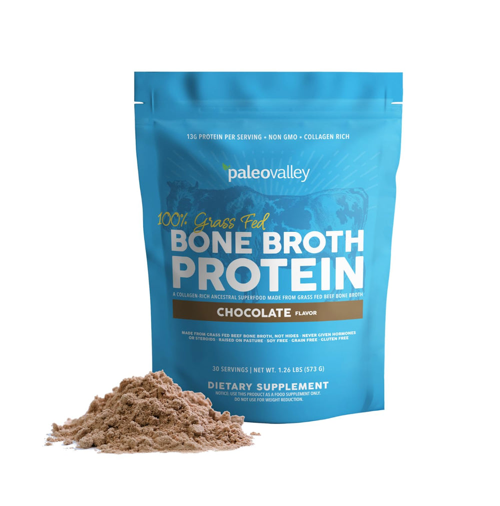 Paleovalley Beef Bone Broth Protein Powder chocolate tub showing 13g protein per serving