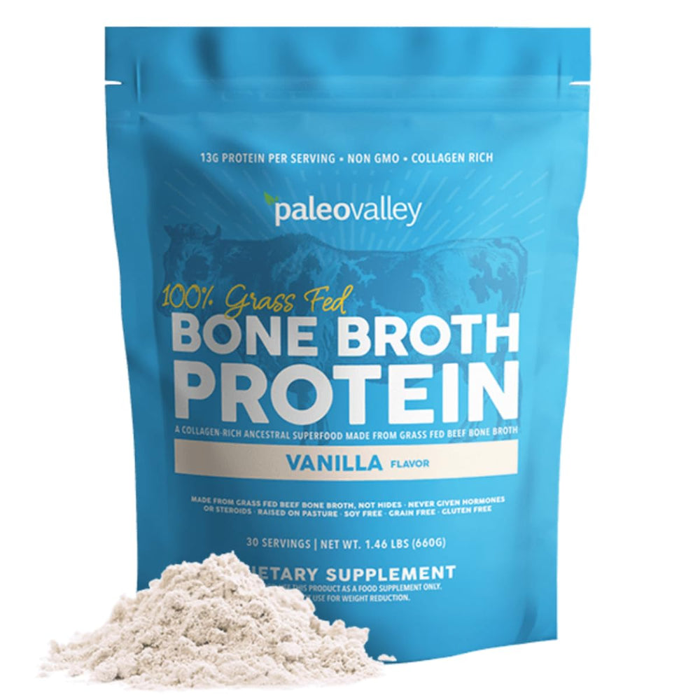 Paleovalley grass-fed beef bone broth protein powder vanilla jar close-up