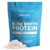 Paleovalley grass-fed beef bone broth protein powder vanilla jar close-up