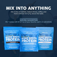 Paleovalley gluten-free non-GMO label closeup on bone broth powder packaging.
