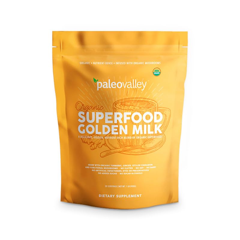 Paleovalley Golden Milk hero image featuring turmeric and mushrooms