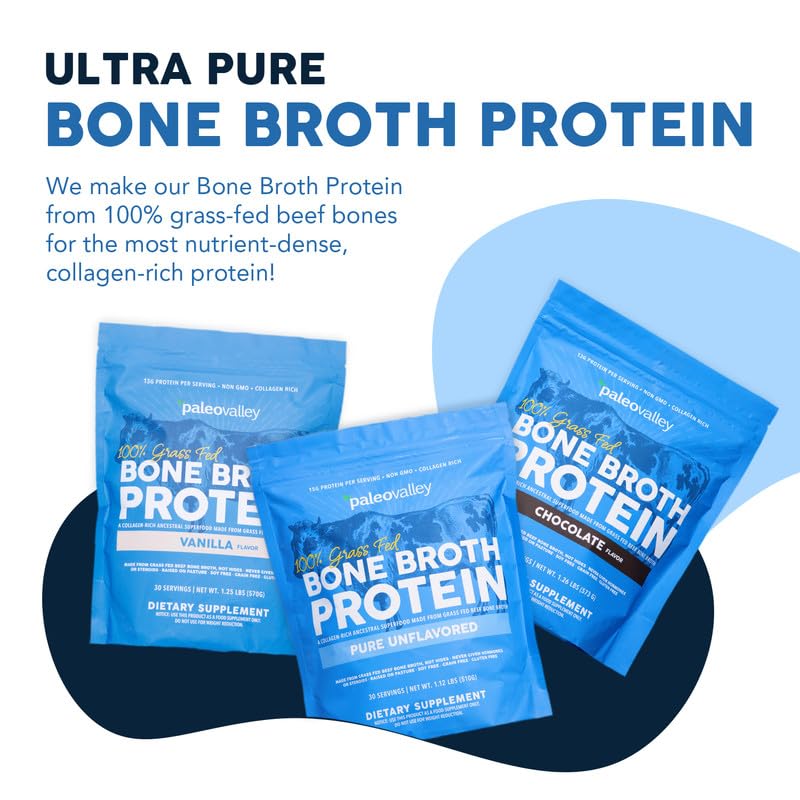 Paleovalley grass-fed beef bone broth powder tub shows grass-fed origin for clean nutrition.