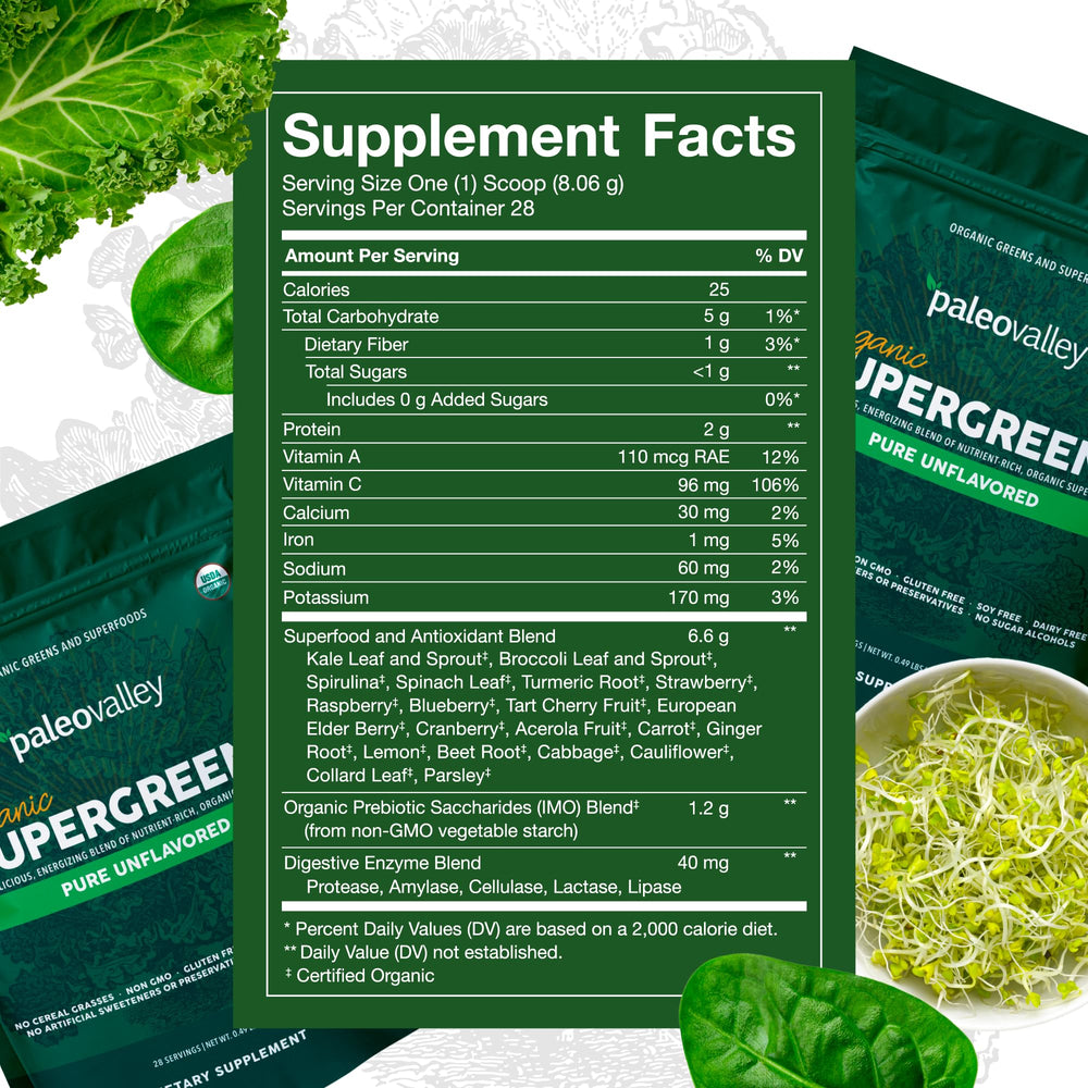Close-up of the 23 organic superfoods blend in Organic Supergreens
