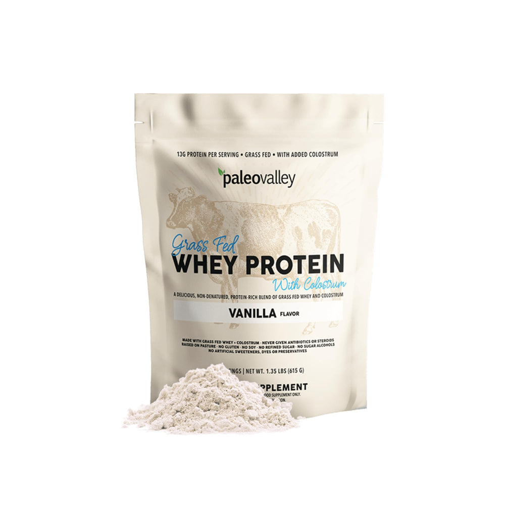 Paleovalley grass-fed whey protein bottle highlights immune support and gut health potential.