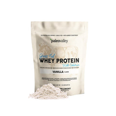 Paleovalley grass-fed whey protein bottle highlights immune support and gut health potential.