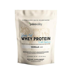 Paleovalley grass-fed whey protein bottle highlights immune support and gut health potential.
