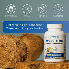Packaging shows vegan, non-GMO, and gluten-free labels for Palmara Health Monolaurin