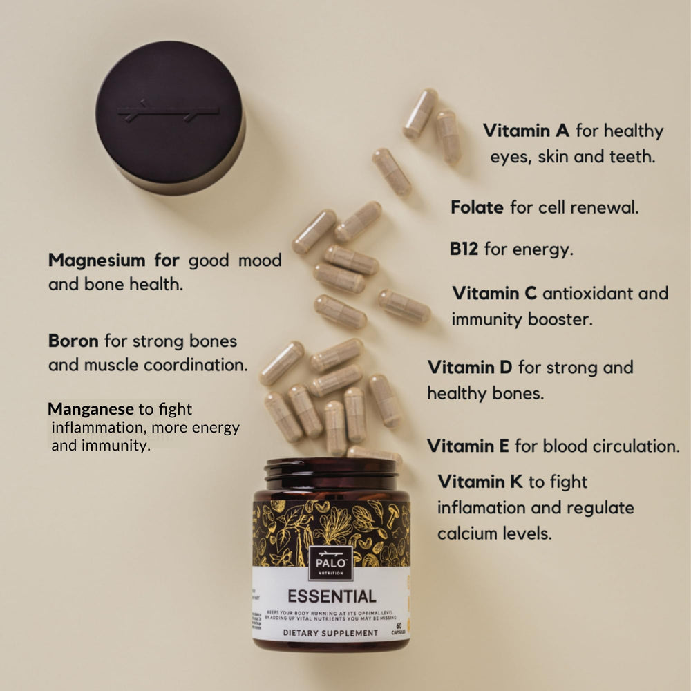 Illustration of vitamins D3, K2 MK7 and B12 for PALO Essential+