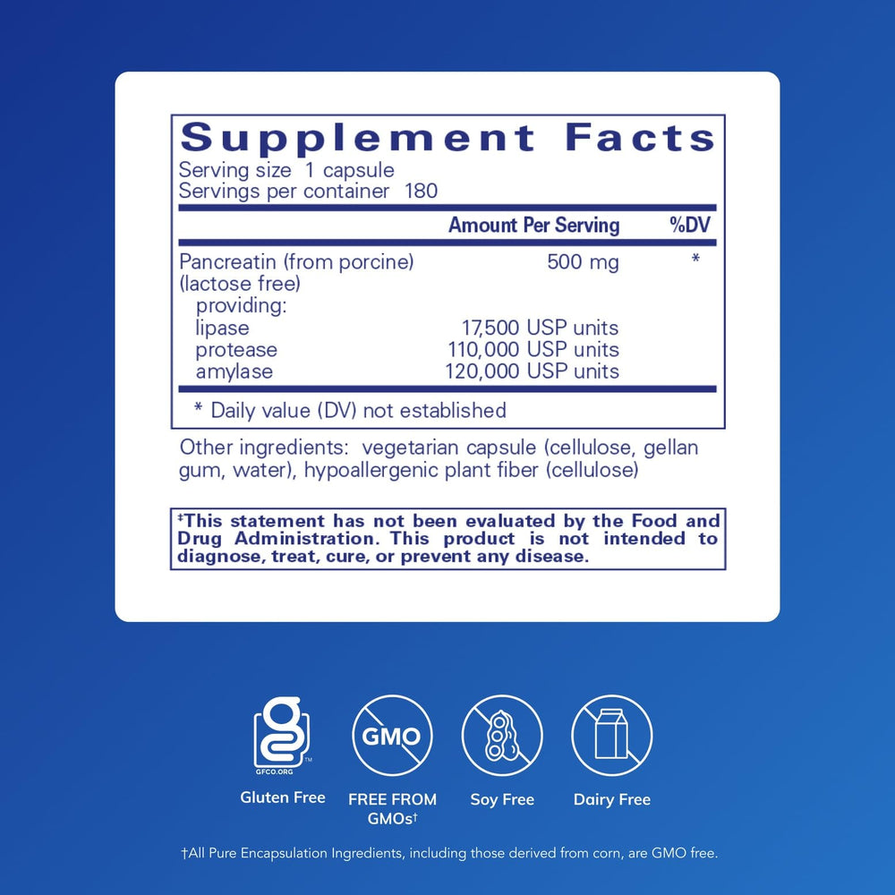 Close-up of Pancreatic Enzyme Formula label showing pancreatin content
