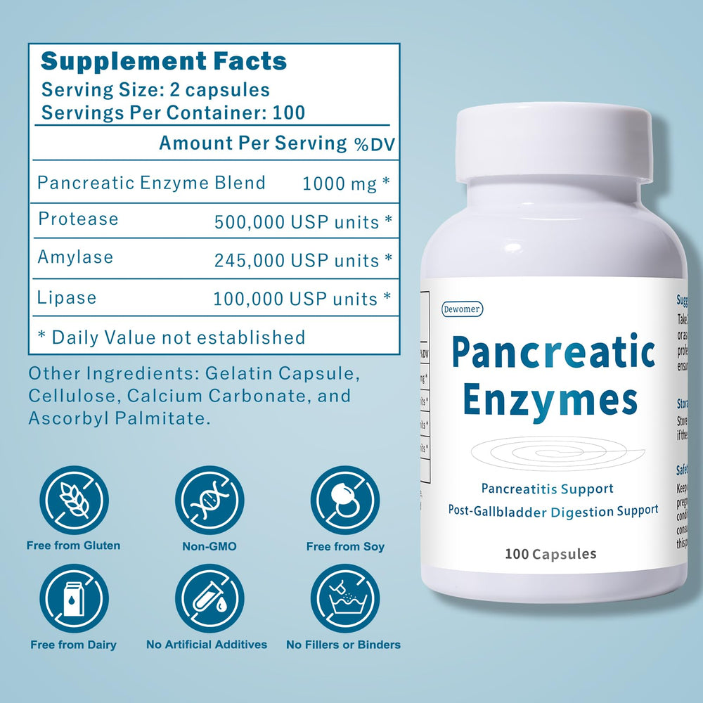 Close-up view of pancreatin capsules in a bottle.