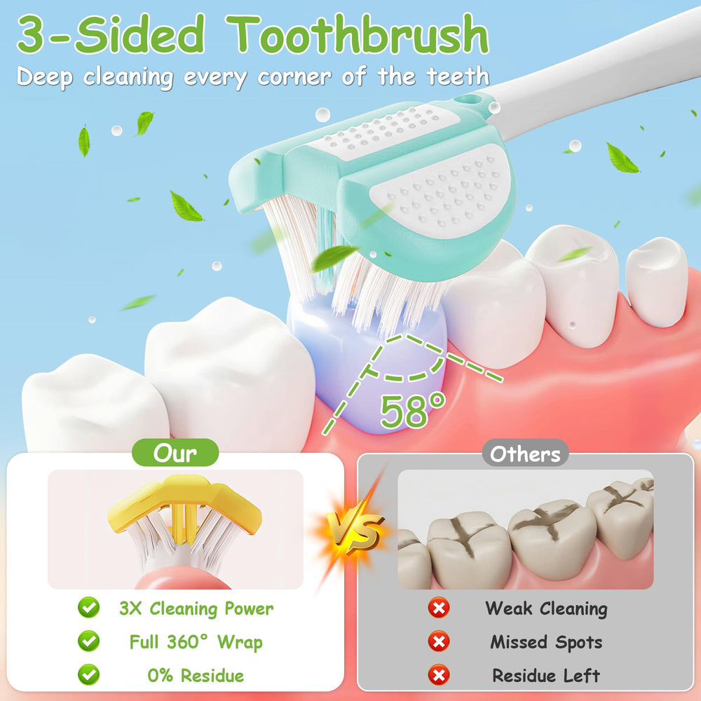 Close-up of 3-sided 360° toothbrush head design