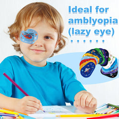 16 styles of kids eye patches laid out for display