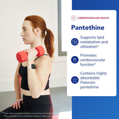 Pantethine bottle label close-up shows purity and allergen-free features.