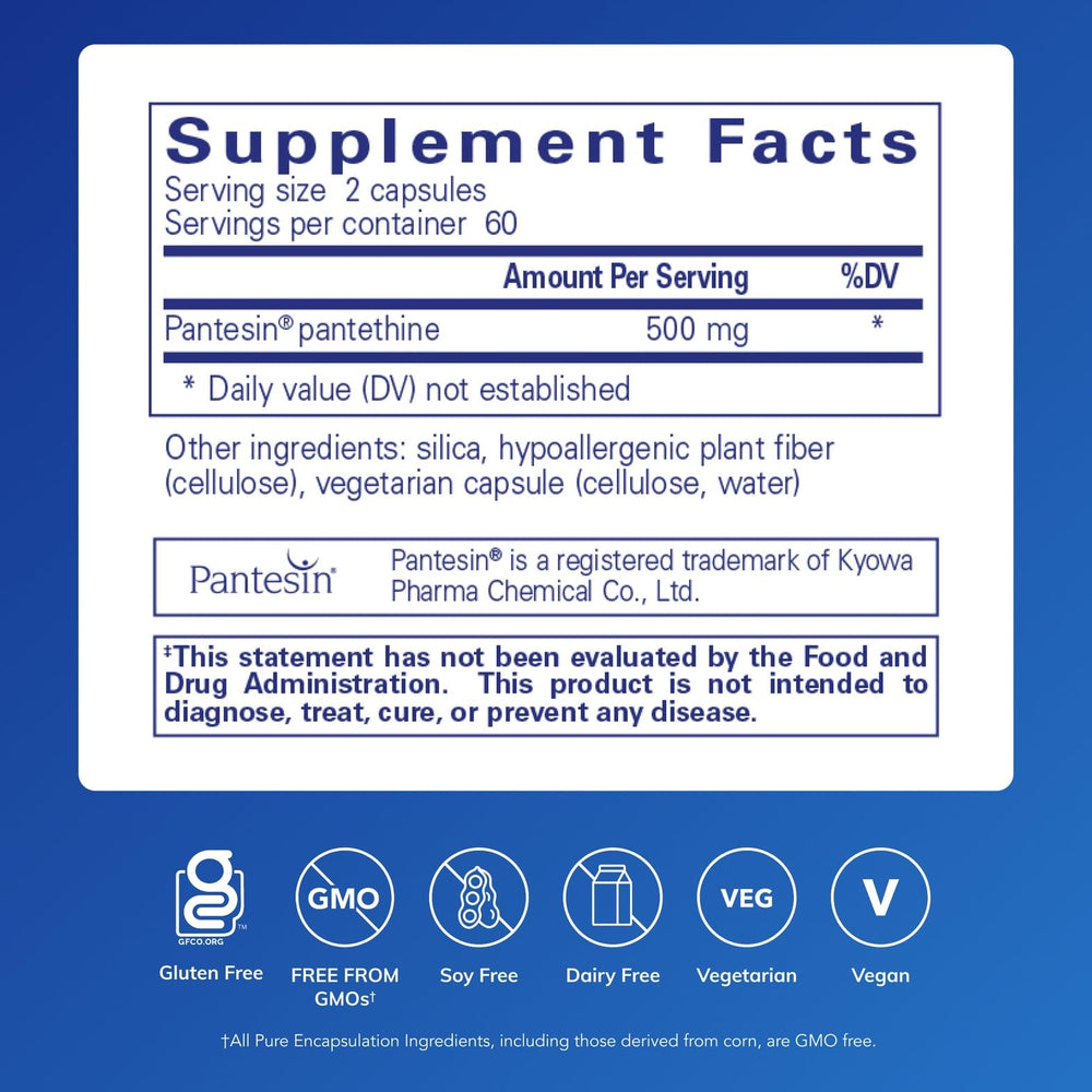 Pantethine Pure Encapsulations bottle back view showing Supplement Facts