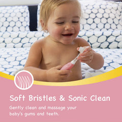 Baby learning to brush with Papablic toothbrush teether
