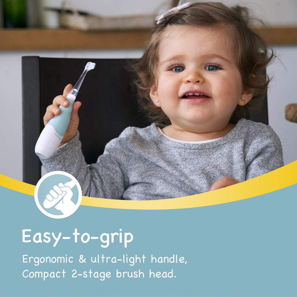 Caregiver demonstrates brushing with Papablic toothbrush